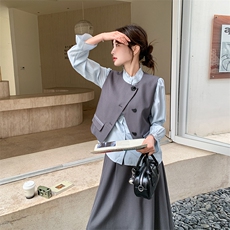 2026新款长袖衬衫+马甲+半身裙三件套套装，女装套装/套裙，纯色衣恋