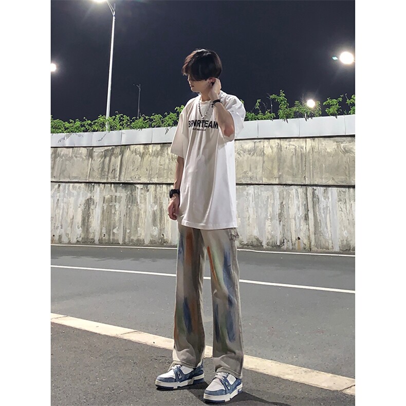 新款美式高街大码破洞涂鸦黄泥色牛仔工装裤货号K641P60,男装牛仔裤,电商A063