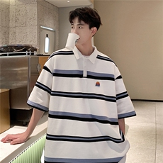 美式条纹短袖polo衫男女大码M-5XL港风翻领短袖T恤DP77010P50控78，男装T恤，星座227-7