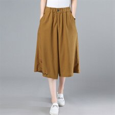 2021夏季新款时尚休闲舒适松紧腰个性绣花阔腿七分裤，女装休闲裤，奕阳依阁