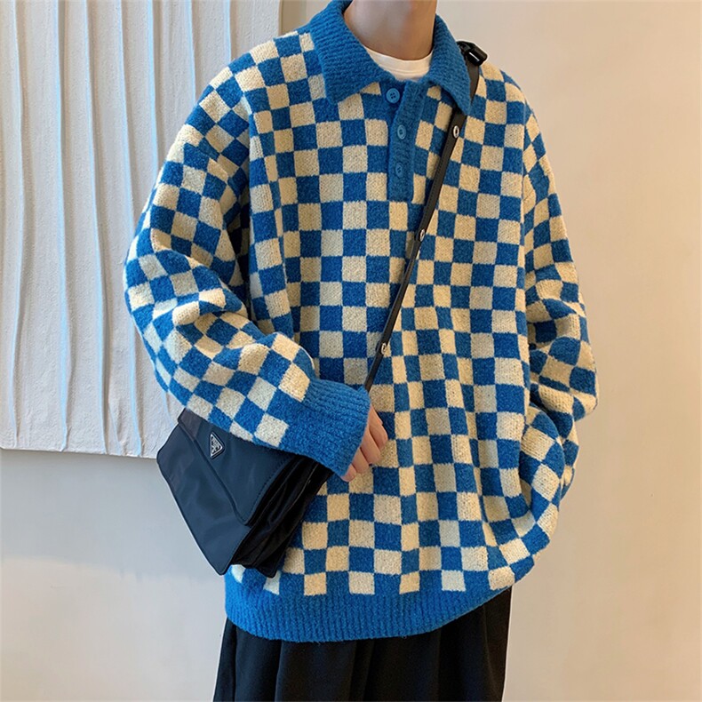 新款翻领棋盘格毛衣慵懒风宽松套头polo领针织衫现货 M326-P44图片