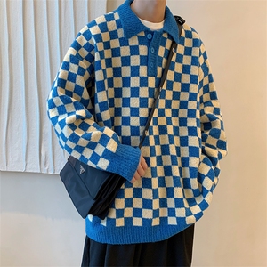新款翻领棋盘格毛衣慵懒风宽松套头polo领针织衫现货 M326-P44图片