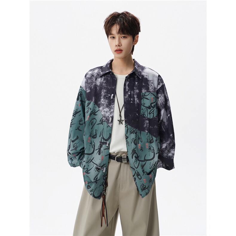 现货CS1152-特批38控68春夏新中式撞色拼接长袖冰丝衬衫大码男，男装衬衫，电商A059