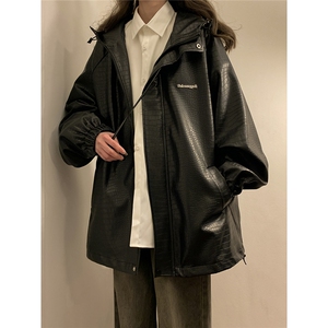 1中性风黄底连帽夹克女大码夹克男情侣皮衣女外套JK8744P90控128图片