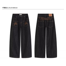 高腰弯刀牛仔裤女秋季新款高街设计感宽松显瘦阔腿拖地裤NZB5110，男装牛仔裤，星座516A