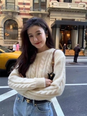 温柔风秋冬百搭高级简约经典圆领麻花镂空羊毛衫，女装羊毛衫，冀清阳荣