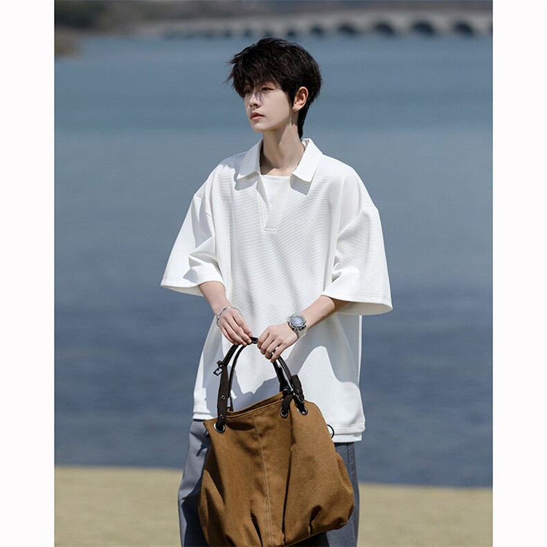 8XL-M假两件V领短袖t恤男夏翻领半袖宽松重磅华夫格大码DT001P40,男装T恤,电商B312