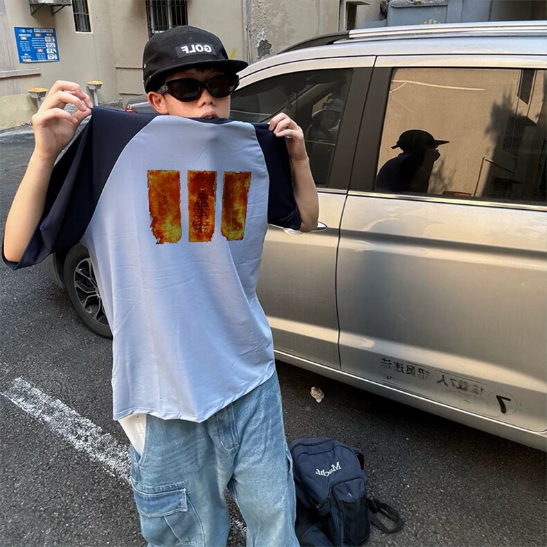 抖音得物高品质二开240克宽松纯棉美式潮牌插肩袖拼接短袖T恤,男装T恤,电商A486