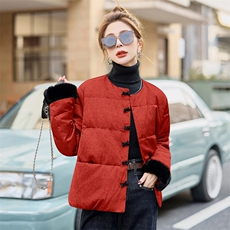 新中式提花羽绒服女2024冬季款毛绒拼接小个子白鸭绒保暖外套，女装羽绒服，卡杰菲