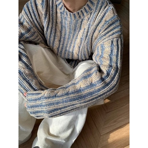 1506/QBX0380/P50日系复古条纹撞色毛衣男小众慵懒风休闲针织衫