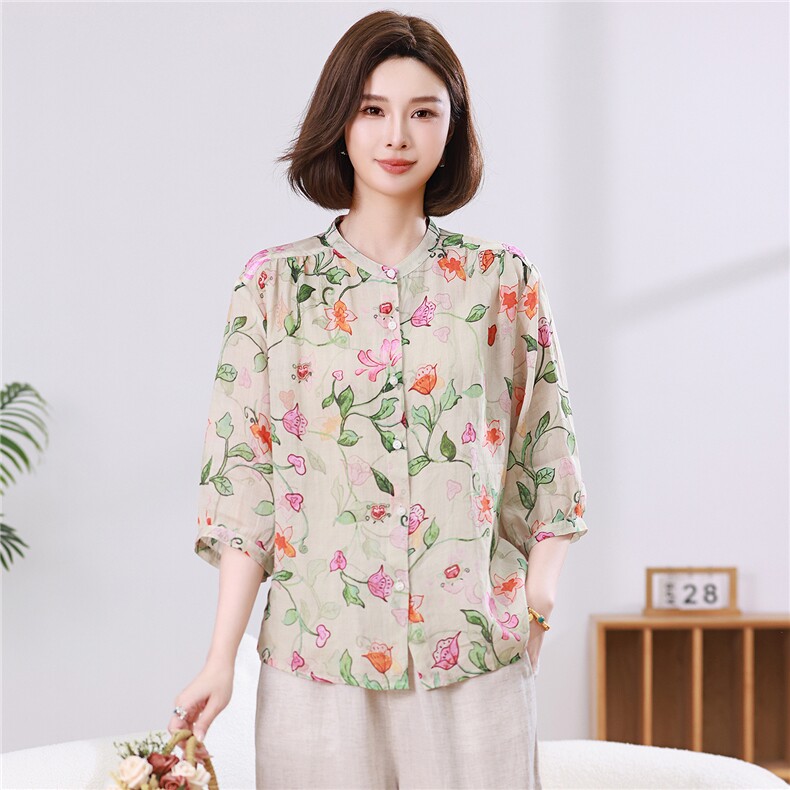 苎麻印花衬衫2026女夏季薄款透气中袖上衣中年妈妈宽松减龄，女装衬衫，忆绮罗