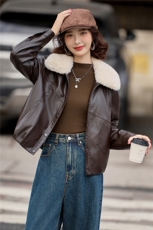 【冬季新款】大量现货时尚潮流加绒加厚可脱卸毛领皮棉外套，女装皮衣，缘衣格