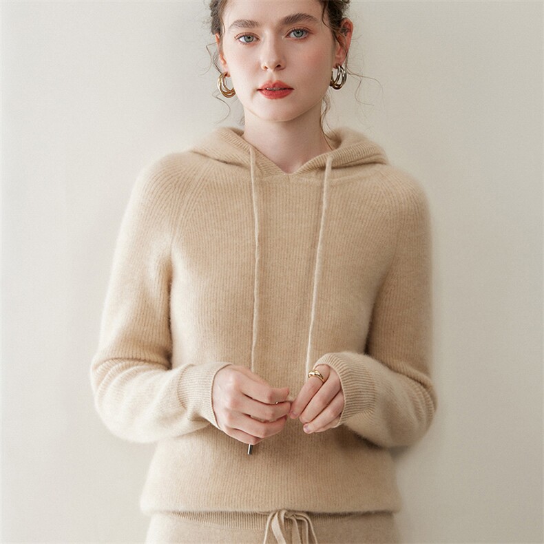 2025年秋季时尚百搭通勤简约休闲加厚元宝针连帽，女装羊绒衫，绒又羊绒