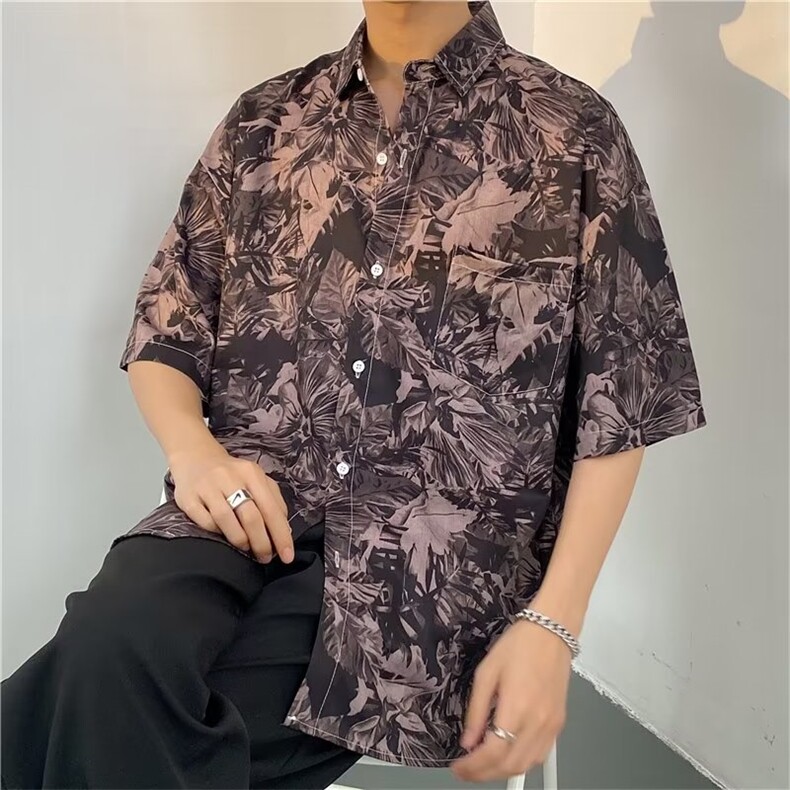 复古暗黑满印短袖衬衫男女夏季街头衬衫C1104P26,男装衬衫,星座1116-2
