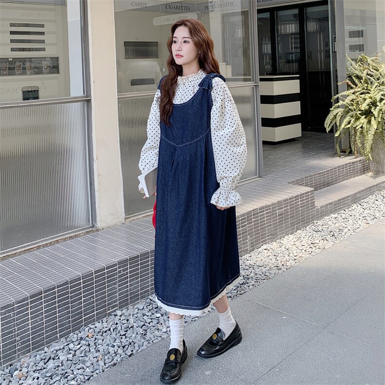 慵懒风减龄波点衬衫牛仔背带连衣裙套装女春秋新款日系宽松两件套,女装套装/套裙,2C056