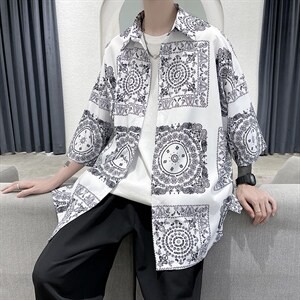 2023夏装男印花冰丝短袖衬衫青少年潮流宽松碎花衬衣A071-C16-P35，男装衬衫，电商A071