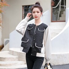 PU皮拼接假两件菱格棒球服女2022秋季新款时尚百搭纯色立领短外套，女装短外套，辉之琳