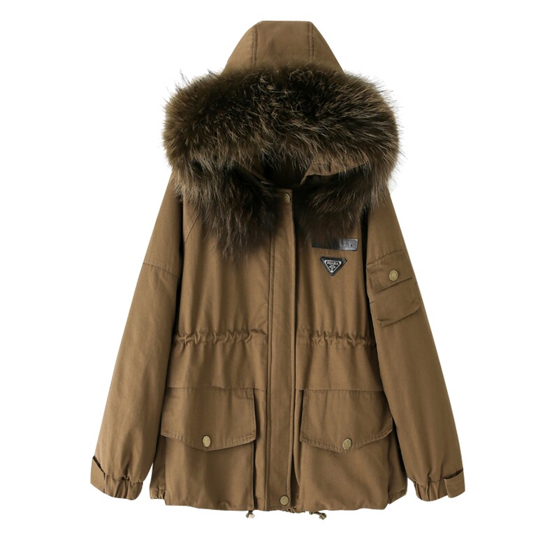 棉衣/棉服2021新款冬兔毛中长款工装带帽棉服女外套配毛领,女装派克服,瑶迪依秀