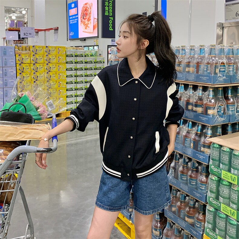 学院风撞色拼接小个子短外套女秋新款美式运动服棒球服夹克外套潮,女装短外套,一九零