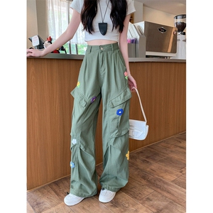 刺绣花朵复古工装休闲裤男女春夏季美式宽松阔腿裤高腰长裤图片