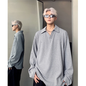 黑色麦穗纹格纹V领卫衣男秋季美式翻领polo衫长袖打底衫图片