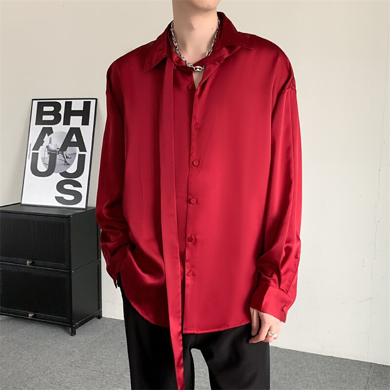 春装2025小众酒红男女缎面高级感休闲宽松醋酸宽松禁欲长袖衬衫，男装衬衫，星座909