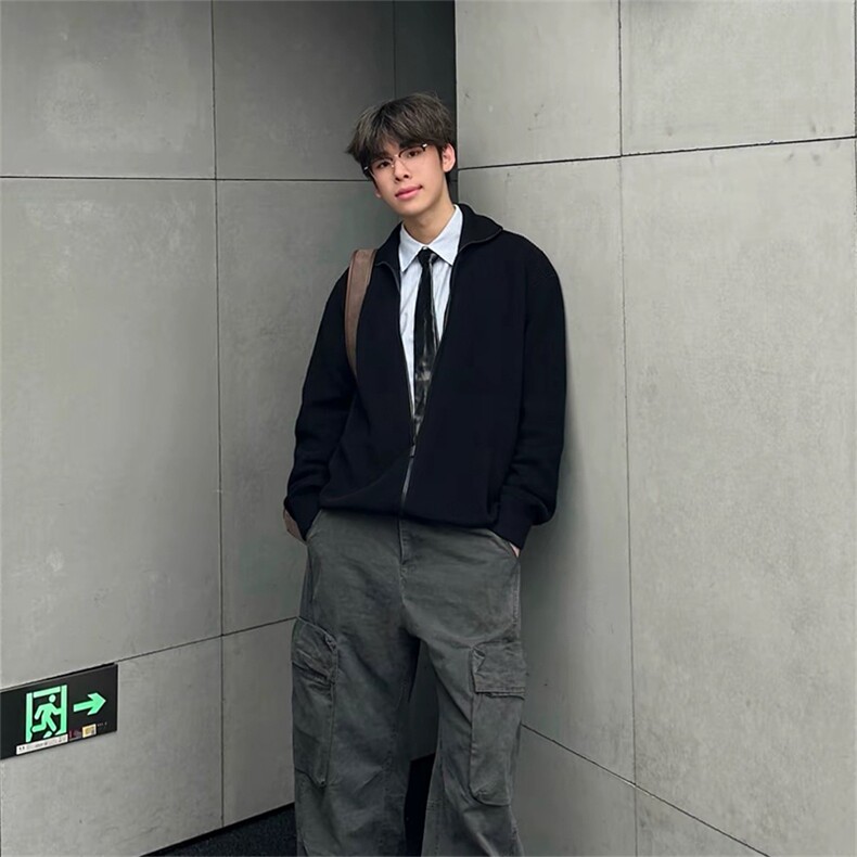 抖音得物保暖立领拉链针织外套秋冬宽松慵懒风纯色毛衣上衣AM02，男装针织衫/毛衣，电商A443