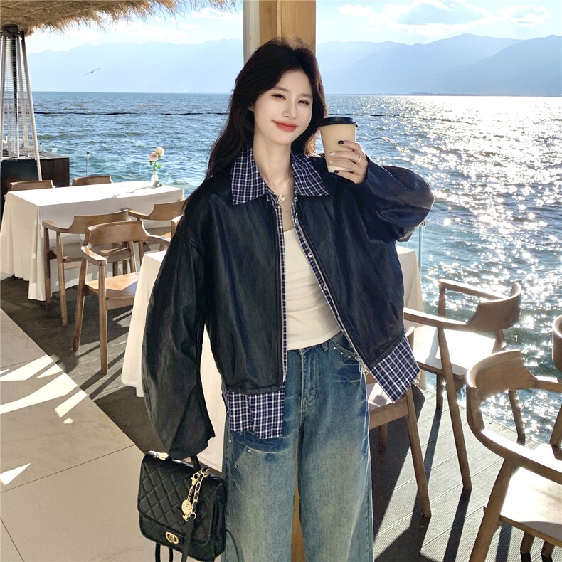 设计感假两件格纹拼接皮衣短外套女2026春季新款宽松休闲显瘦夹克,女装皮衣,艾米莉亚
