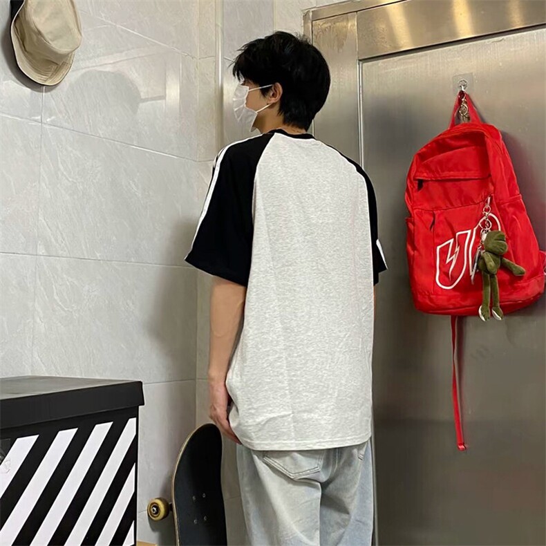 抖音得物品质二开240克宽松纯棉美式潮牌插肩三杠织带短袖T恤,男装T恤,电商A486