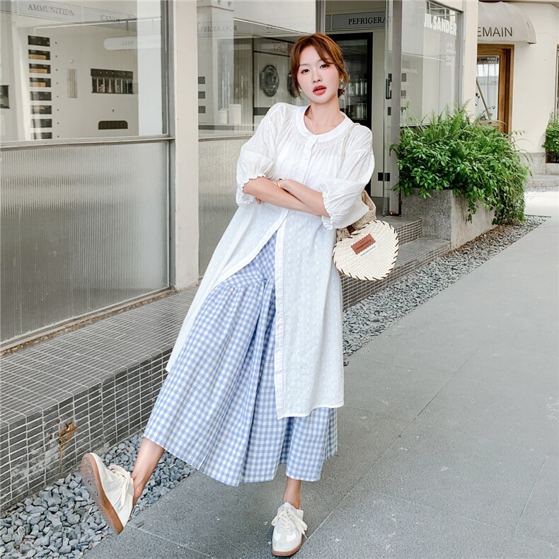 松弛感圆领衬衫连衣裙两件套女2025夏新款超火流行叠穿格子半身裙,女装套装/套裙,2C201
