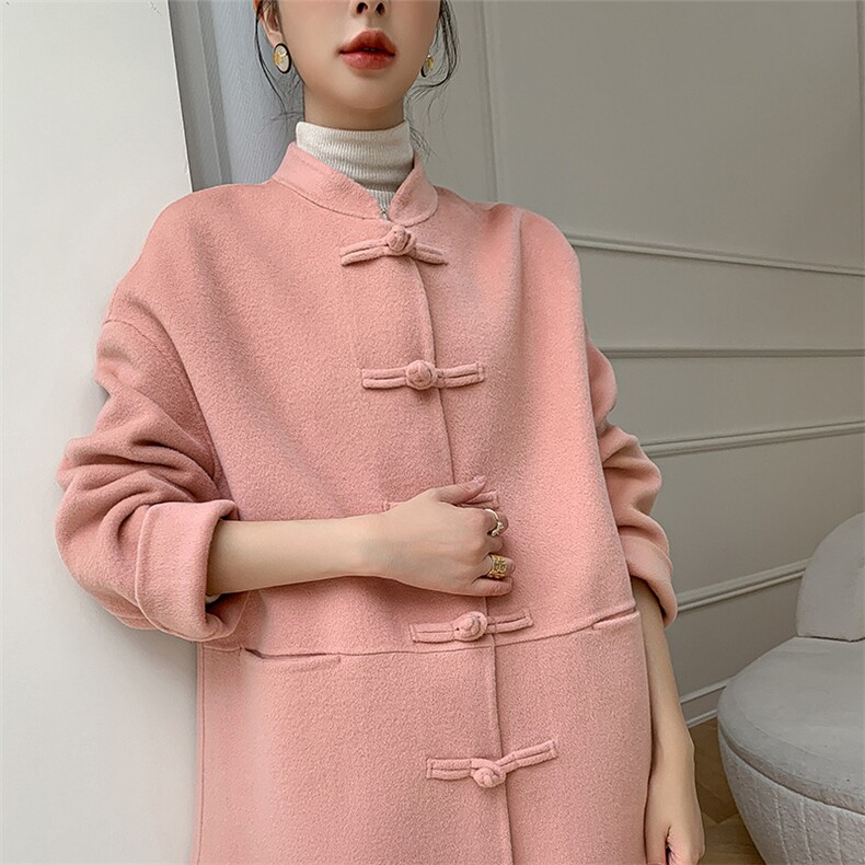 2024年新款超绝纯色简约短款盘扣毛袖羊毛大衣，女装双面呢大衣，荣图大衣