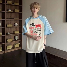 抖音得物品质二开240克宽松纯棉美式潮牌插肩三杠织带短袖T恤，男装T恤，电商A486