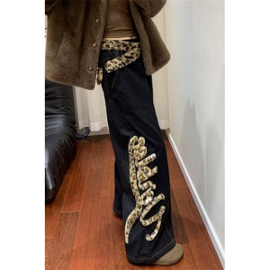 辣妹小众设计感豹纹刺绣牛仔裤复古宽松bf慵懒风阔腿拖地裤Q1026图片