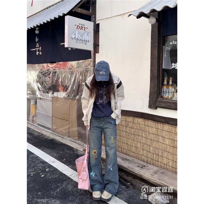 向日葵刺绣水洗牛仔裤美式高街裤直筒裤男款ATA25-P57,男装牛仔裤,星座208-5