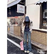 向日葵刺绣水洗牛仔裤美式高街裤直筒裤男款ATA25-P57，男装牛仔裤，星座208-5