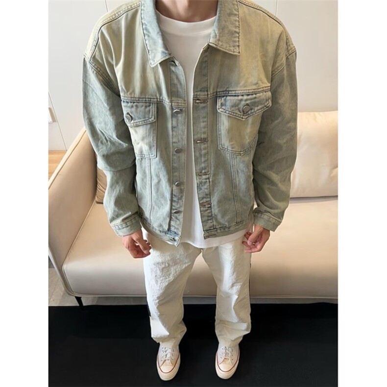 JK128-P52 美式高街水洗做旧黄泥染牛仔外套男款潮流宽松图片
