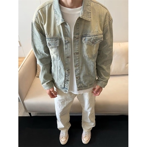 JK128-P52 美式高街水洗做旧黄泥染牛仔外套男款潮流宽松图片