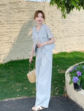 减龄氛围感马甲T恤阔腿裤套装女夏三件套韩系夏日穿搭流行巨好看，女装套装/套裙，乐吉娜