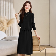 2025新款秋冬咖色高级感气质中长款过膝半高领毛衣裙两件套女打底，女装羊毛衫，艾米