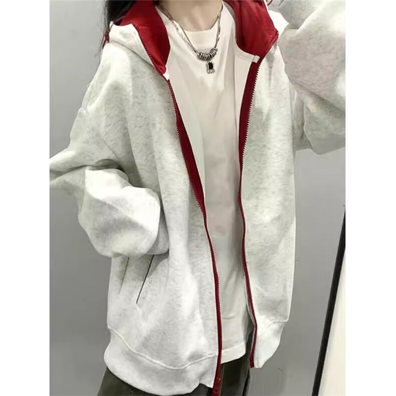 复古拉链开衫灰色卫衣女2025新款春秋季薄款加绒连帽外套W040,女装短外套,星座1116A（原606A-3）