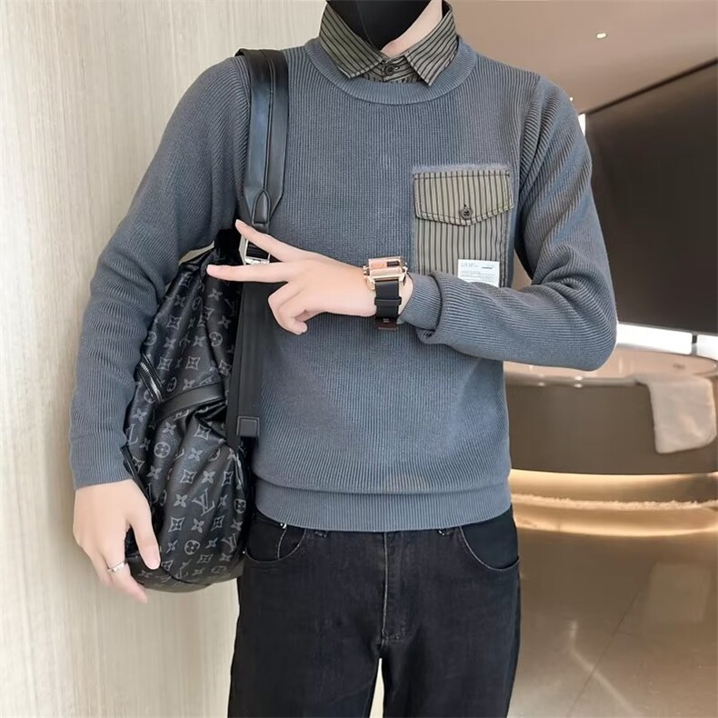 春秋季新款毛衣男修身加厚潮流拼接假两件圆领保暖针织衫男S533,男装针织衫/毛衣,星座1116A-2（原606A-1）