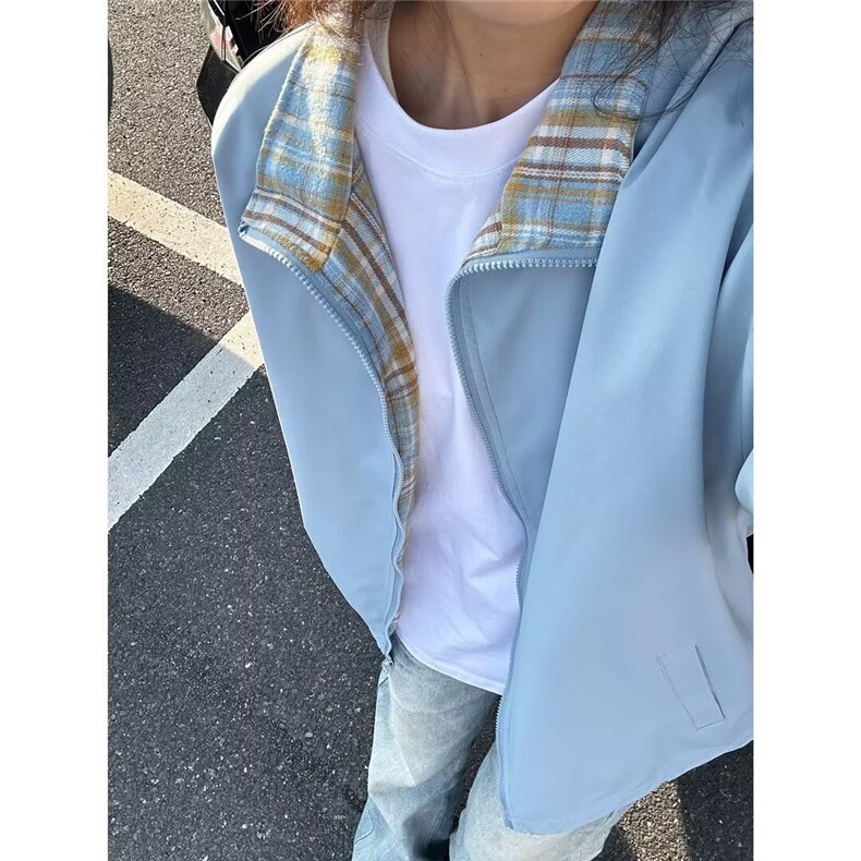 XDFM 美式格子装饰基础款开衫拉链卫衣外套加绒秋冬复古连帽上衣图片