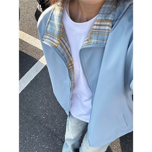 XDFM 美式格子装饰基础款开衫拉链卫衣外套加绒秋冬复古连帽上衣图片