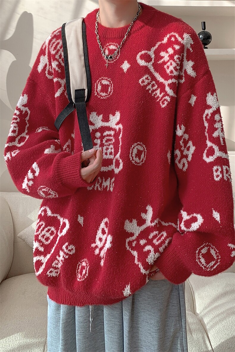 随搭时尚吉祥感休闲版型上衣随性福字喜庆氛围感针织衫HY694TP50,男装针织衫/毛衣,电商A102B