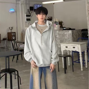 抖音得物二开 美式重磅宽松结构拉链设计防风高领连帽卫衣外套W76图片