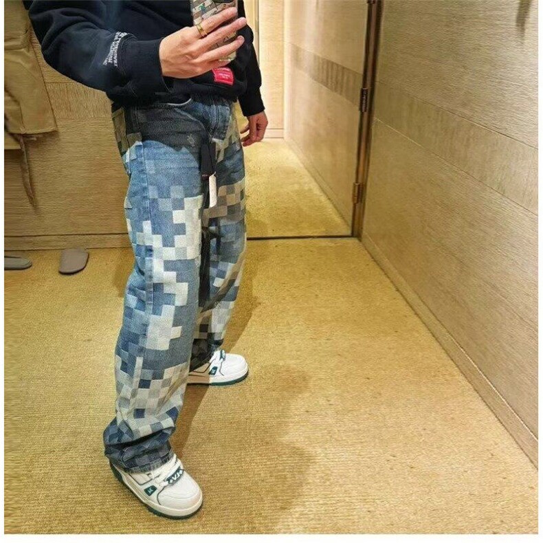 网图潮牌牛仔裤男美式宽松重工马赛克棋盘格直筒牛仔裤C112-P48,男装牛仔裤,星座1001-1