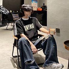 抖音得物高品质二开240克宽松纯棉美式潮牌三条杠织带短袖T恤，男装T恤，电商A486-1