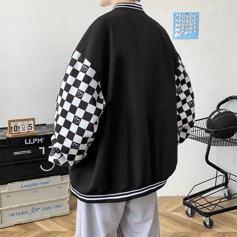 秋季美式潮流格子拼接棒球服外套男宽松夹克情侣上衣JK02226-P65,男装夹克,星座308B-1