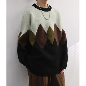 小众复古盐系菱形格毛衣休闲文艺日系风男潮针织衫上衣 M2312图片