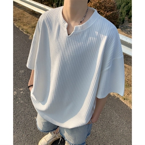 ！2026夏季新款男士V领短袖潮牌肌理感半袖T2501特P22图片